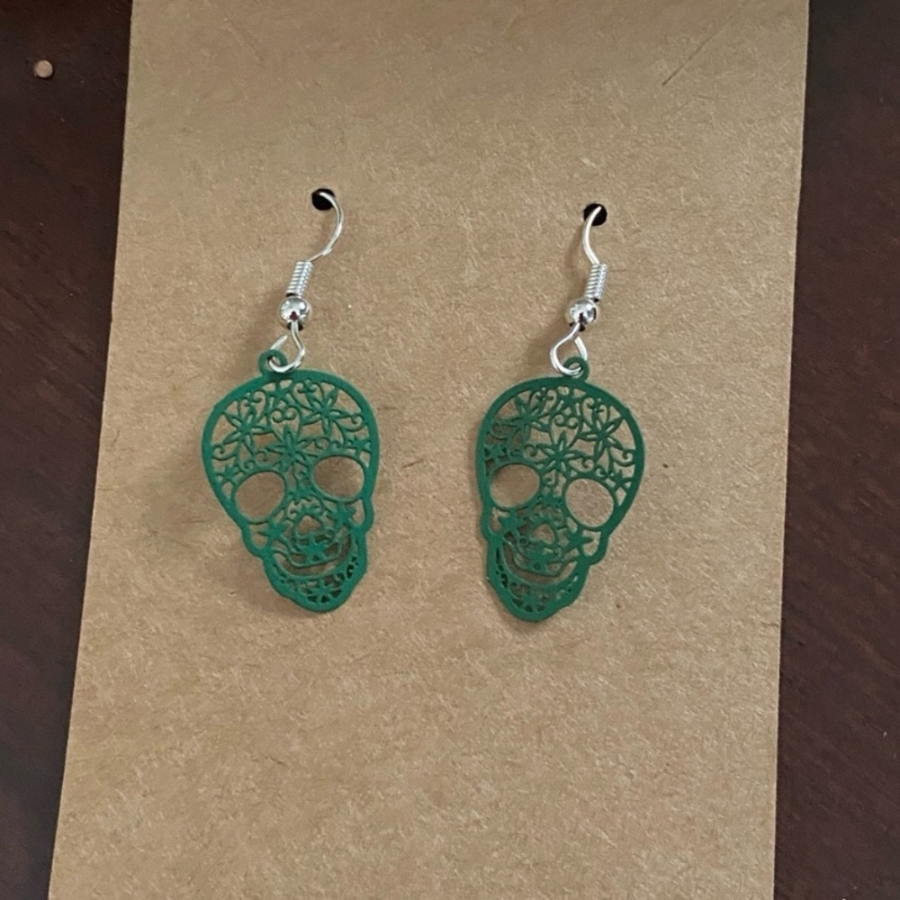 Green Sugar Skull Dangle Earrings